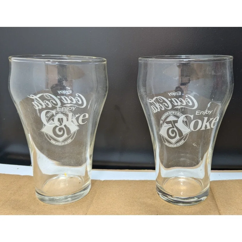 Set of 2 75th Anniversary Coca Cola Enjoy Coke Clear Juice Glasses 10 oz Vintage